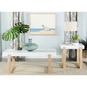 English Elm Gwen High Gloss White End Table With Natural Sled Base - Modern Accent For Small Spaces & Decor B062P333452