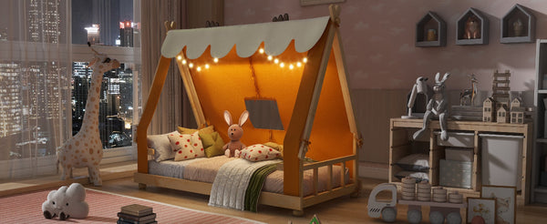 English Elm Twin Cabin Bed with Detachable Tent Skylight and Woodland Deer Antler Accents Brown N708P356716D