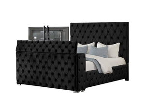 English Elm Encore Modern Tufted Upholstered Queen Bed With Hidden Tv Compartment & Electric Fireplace, Black B009S01680