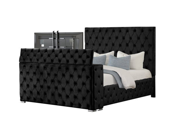 English Elm Encore Modern Tufted Upholstered Queen Bed With Hidden Tv Compartment & Electric Fireplace, Black B009S01680