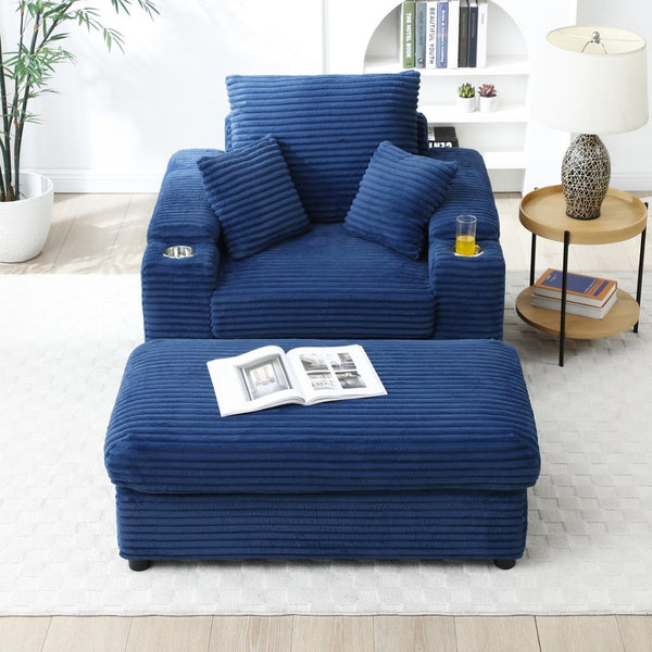 English Elm Oversized Corduroy Accent Chair with Ottoman Neck Pillow and Wide Armrests for Cozy Reading Blue W1117S00251
