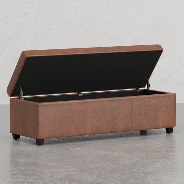 English Elm Lincoln Extra Large Storage Ottoman Bench with Distressed Saddle Brown Vegan Leather, 54" Wide, Stitched Design, Child-Safe Hinge B2732P253623