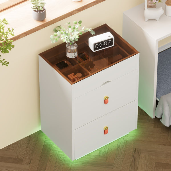 English Elm 3-Drawer 30" Nightstand with LED Light & Remote, Glass Top Jewelry Organizer, 3 Spacious Drawers White N733P304515K