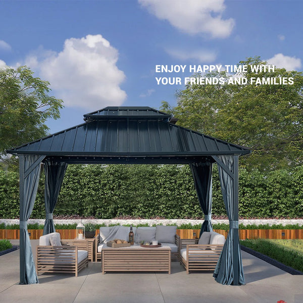 English Elm 10' X 12' Hardtop Gazebo with Galvanized Double Roof, Ventilated Skylight, Curtains & Mosquito Netting W765S00002