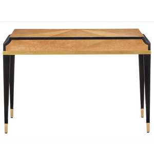Kallista Modern Writing Desk with Taupe Finish, Polished Brass Accents & Stylish Distressed Design