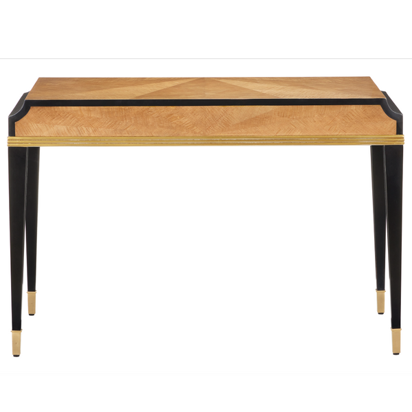 Kallista Modern Writing Desk with Taupe Finish, Polished Brass Accents & Stylish Distressed Design