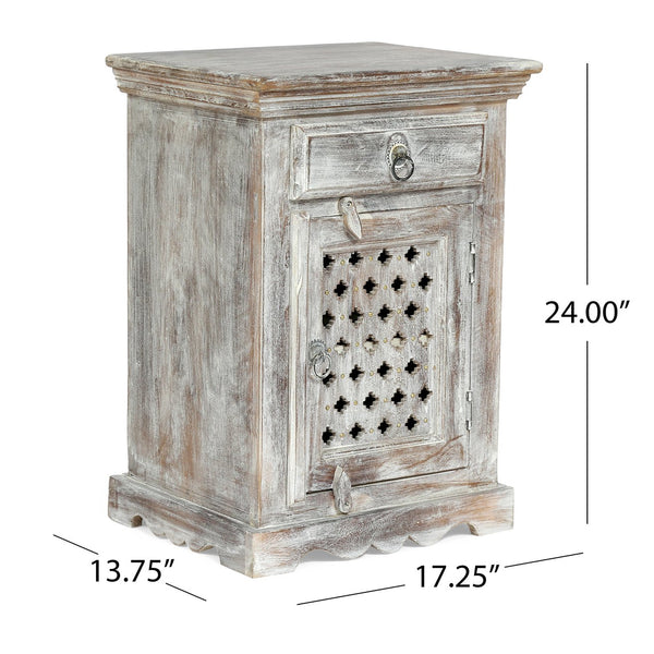 English Elm Christopher Knight Home® - WOODEN Boho Mango Wood Nightstand with 1 Drawer & 1 Door, Washed Distressed White Finish, 17.75"W x 24"H 69357.00