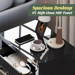 English Elm High Gloss Mirrored 2 Drawer Nightstand Slim Metal Legs Modern Bedroom Side Table Black W5271P416537