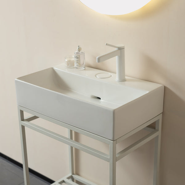 English Elm LOFI Ceramic 24" Bathroom Basin with Center Drain and Faucet Hole, Durable Scratch-Resistant Finish White W2615P210288
