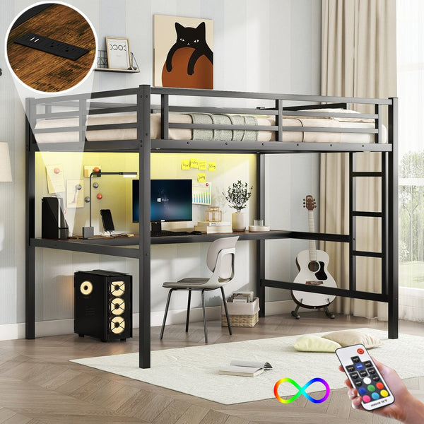 English Elm Metal Full Size Loft Bed with Desk, USB Power & RGB LED Lighting, Space-Saving Black Frame W1580P251091