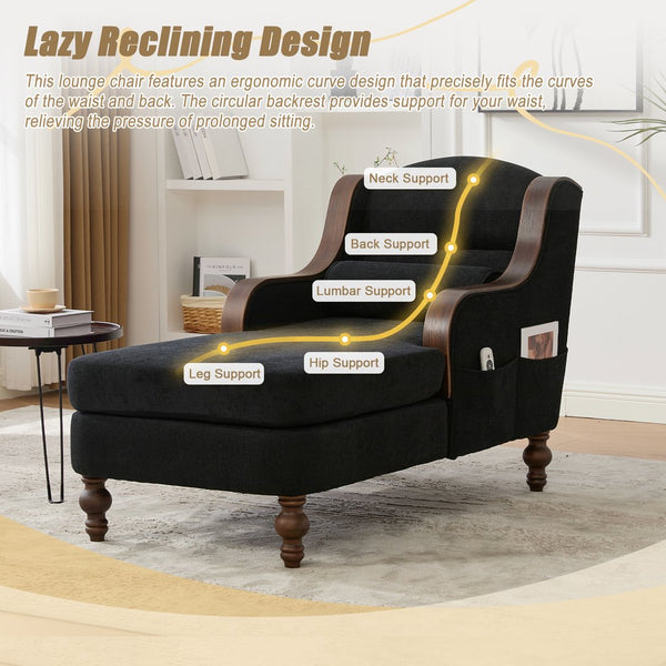 English Elm UNITED Oversized Chaise Lounge Sofa Bed with Solid Wood Arms, High-Resilience Foam, 800lb Capacity and Storage Pockets Black W1568S00208