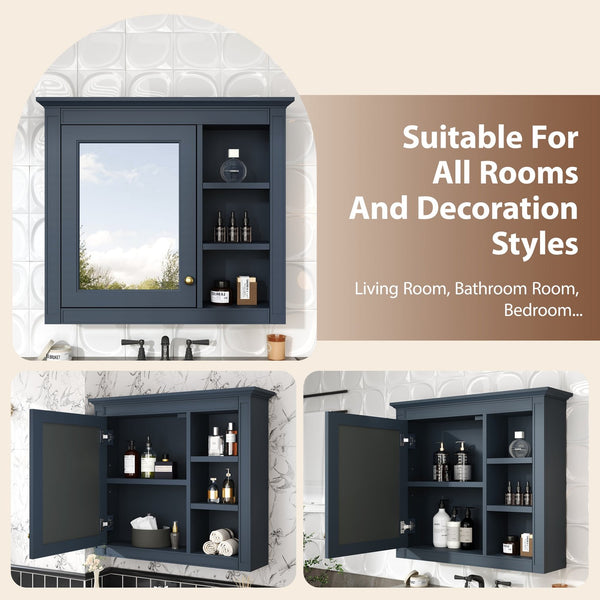 English Elm 30'' Modern Medicine Cabinet Wall Mirror with Hidden Storage and Adjustable Open Shelves for Bath Blue WF318452AAC