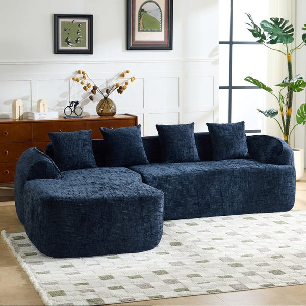 English Elm Beige Chenille L-shaped Sectional Sofa with Chaise Deep Seating and Curved Armrests Dark Blue W3612S00031