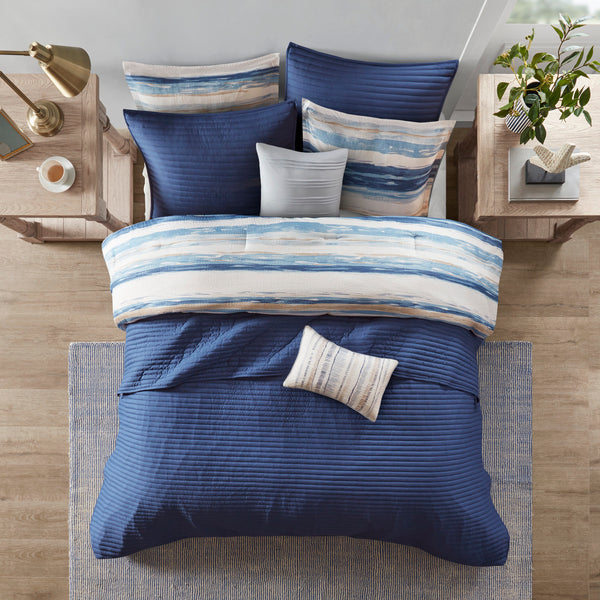 English Elm 8 Marina Seersucker Comforter & Quilt Set Full/Queen - Watercolor Stripe, Hypoallergenic, Layerable Blue 23.62 L x 18.9 W x 17.13 H B03597096