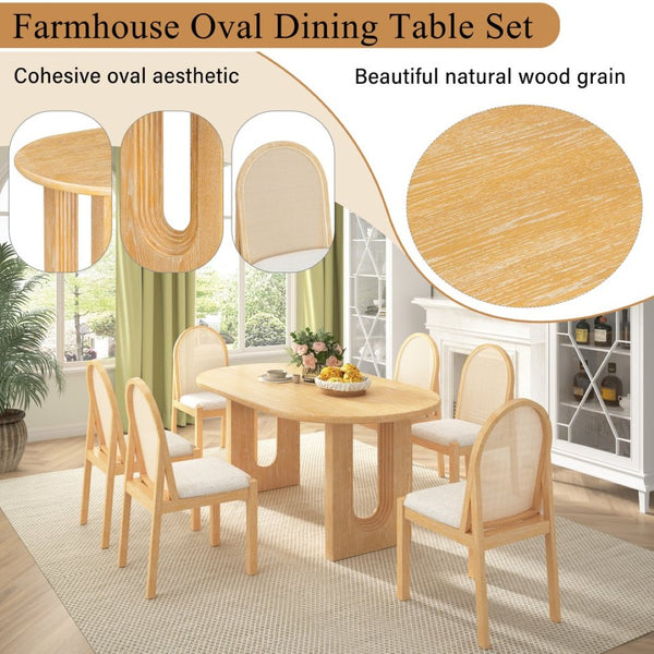 English Elm Trexm Farmhouse Oval Dining Set Seats Six with Rattan Back Chairs Oak Veneer Table Beige,Natural ST000157AAD
