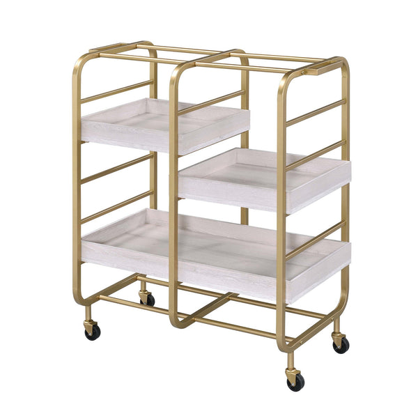 English Elm Gold Gold and White Washed Serving Cart with Industrial Frame, 3 Adjustable Trays, Smooth Casters for Entertaining and Durable Mobility B062P186560