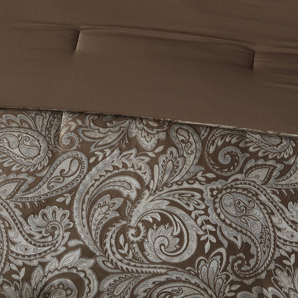 English Elm 12 Piece Madison Park Aubrey Bed Set Full - Jacquard Paisley Comforter, Reversible Sand, 200TC Cotton Sheets, Blue-Taupe Elegance B035128823