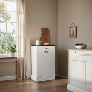 English Elm Tilt Out Trash Can Cabinet 10 Gal Hidden Tilt Design with 2 Drawers Farmhouse MDF Organizer White W3204P364054