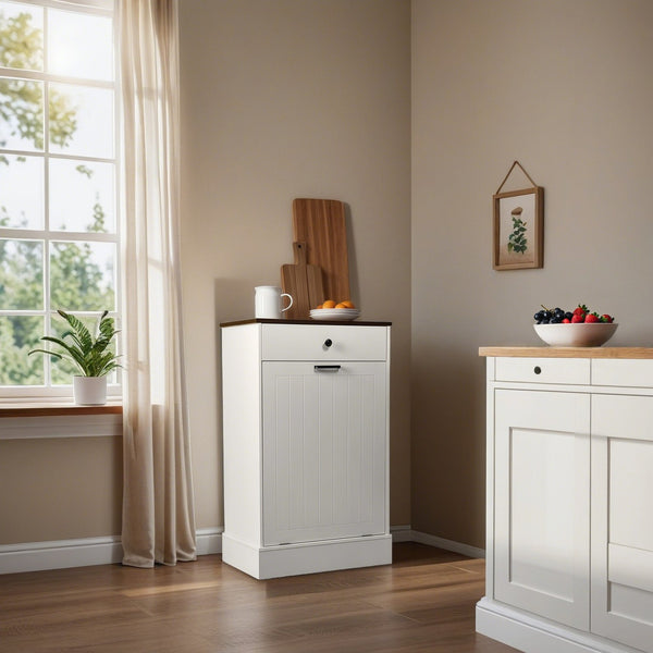 English Elm Tilt Out Trash Can Cabinet 10 Gal Hidden Tilt Design with 2 Drawers Farmhouse MDF Organizer White W3204P364054