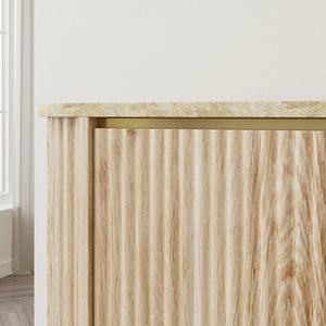 English Elm 60'' Fluted Oak Credenza with Faux Marble Top and Gold Trim Four Door Buffet Natural Wood W5216P454717