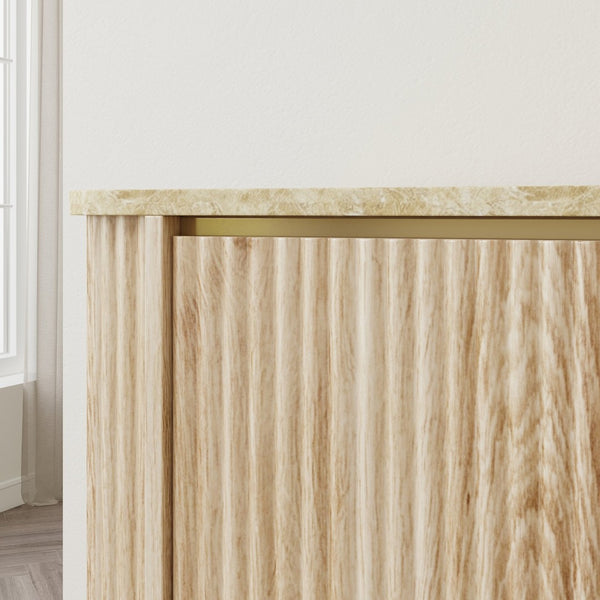 English Elm 60'' Fluted Oak Credenza with Faux Marble Top and Gold Trim Four Door Buffet Natural Wood W5216P454717