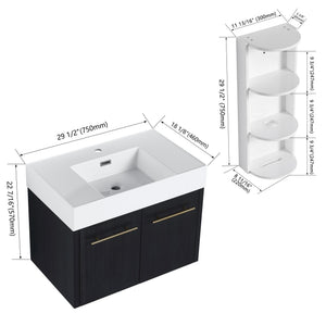 English Elm 30 Inch Wall-Mounted Vanity Set With Thick Resin Sink & 3-Tier Storage Rack For Stylish Bathrooms W999S00367