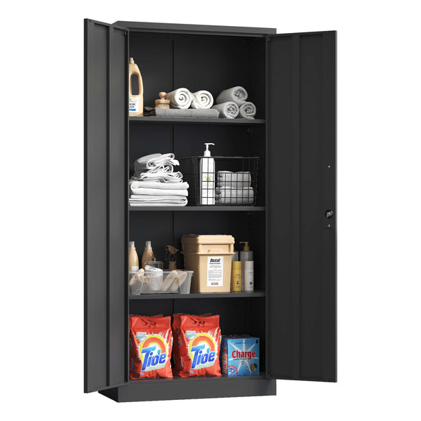 English Elm 71"H Heavy Metal Garage Storage Cabinet with 3 Adjustable Shelves, Locking 3-Point System & Anti-Tip Design Black T2398P152545
