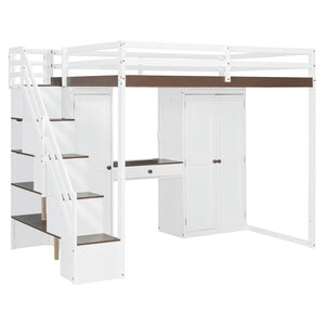 English Elm Full Size Teen Loft Bed with Wardrobe Staircase Storage Dressing Table and Led Lights LT000276AAP