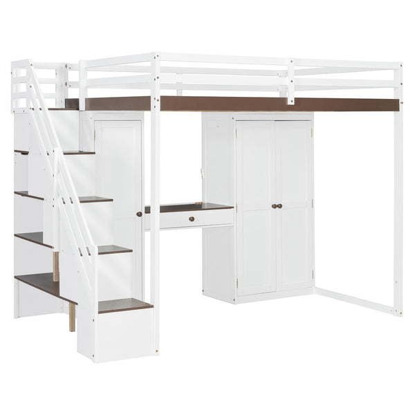 English Elm Full Size Teen Loft Bed with Wardrobe Staircase Storage Dressing Table and Led Lights LT000276AAP