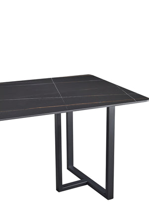 English Elm Carbon Steel Dining Table with Stone Top and Matte Black Frame for Modern Rooms W1002S00002