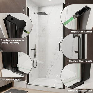 English Elm 36-38 in Frameless Pivot Shower Door Clear Glass Matte Black Hardware Reversible Swing W63777051
