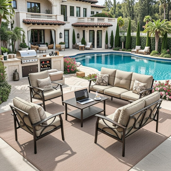 English Elm 5-piece Outdoor Conversation Set Steel Frame Patio Sofa Loveseat Chairs Table Beige B082S00120