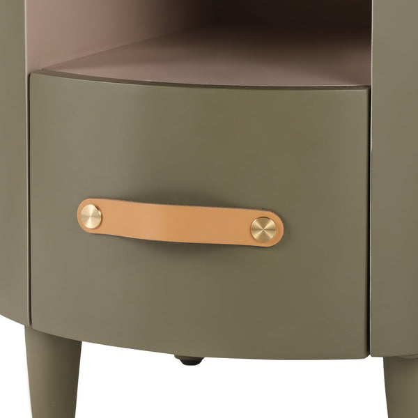 English Elm Christopher Knight Home® - Contemporary Round Nightstand with Drawer & Open Shelf, Curved Bedside Table with Leather Handles Green 22 L x 22 W x 19.75 H N761P285708F
