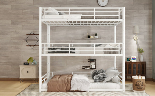 English Elm Twin Triple Metal Bunk Bed Matte Powder Coated Frame with Full Safety Guardrails Light White W1580S00581