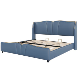English Elm Christopher Knight Home® - King PU Leather Bed Frame with Wingback Headboard & Footboard, Gold Accents, Platform Slat Support, Elegant Design Antique Blue 85 L x 10 W x 3.25 H N761S0000017C