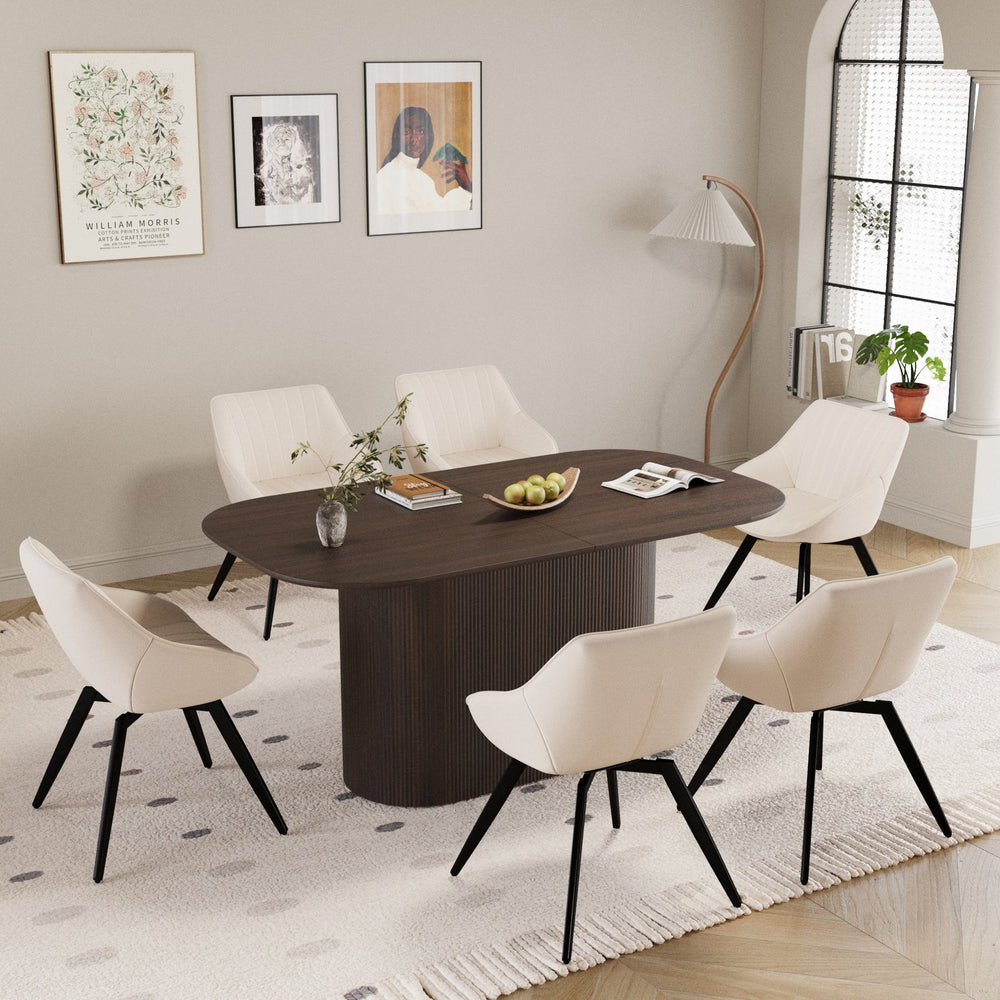 English Elm 63" Medieval-Modern Brown Mdf Dining Table Set With 6 Beige Pu Chairs & Black Metal Legs For Elegance W2189S00690