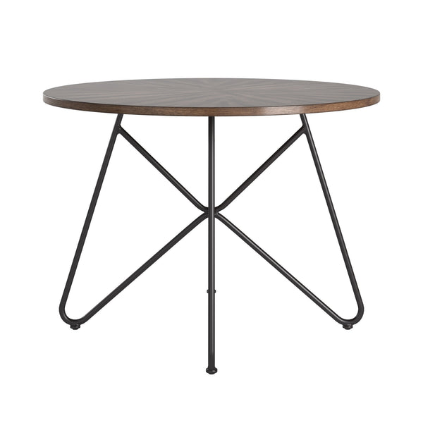 Round Birch Veneer Dining Table Starburst Inlay Iron Pedestal Seats 4