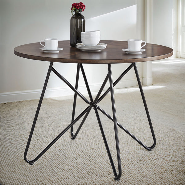 Round Birch Veneer Dining Table Starburst Inlay Iron Pedestal Seats 4