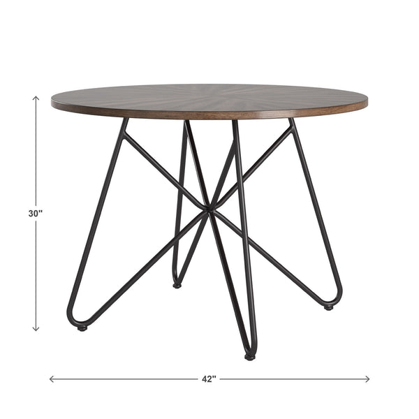 Round Birch Veneer Dining Table Starburst Inlay Iron Pedestal Seats 4