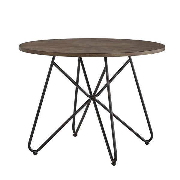 Round Birch Veneer Dining Table Starburst Inlay Iron Pedestal Seats 4