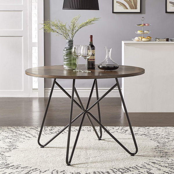 Round Birch Veneer Dining Table Starburst Inlay Iron Pedestal Seats 4