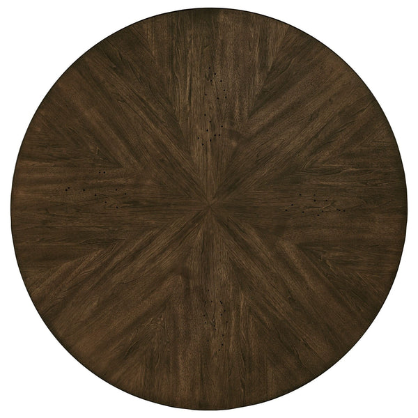 Round Birch Veneer Dining Table Starburst Inlay Iron Pedestal Seats 4