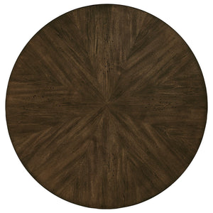 Round Birch Veneer Dining Table Starburst Inlay Iron Pedestal Seats 4