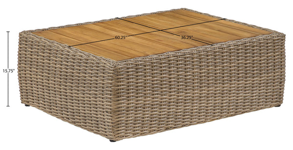 Meridian Furniture Seacrest Solid Teak Woven Wicker Outdoor Patio Coffee Table for Lounge Decks and Garden Areas Natural 55001-CT