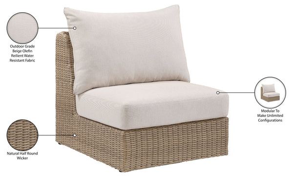 Meridian Furniture Seacrest Modular Wicker Patio Armless Chair Aluminum Frame Uv Resistant Olefin Cushion Outdoor Beige 55001Beige-Armless