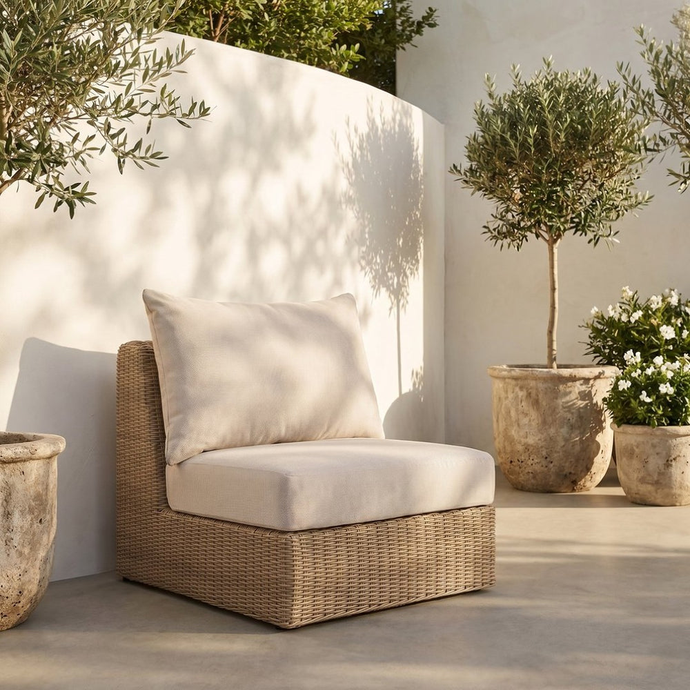 Meridian Furniture Seacrest Modular Wicker Patio Armless Chair Aluminum Frame Uv Resistant Olefin Cushion Outdoor Beige 55001Beige-Armless