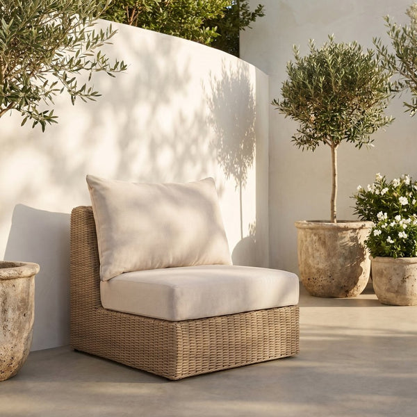 Meridian Furniture Seacrest Modular Wicker Patio Armless Chair Aluminum Frame Uv Resistant Olefin Cushion Outdoor Beige 55001Beige-Armless