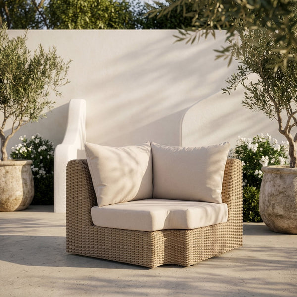 Meridian Furniture Seacrest Outdoor Modular Wicker Corner Chair with Weather Resistant Olefin Fabric for Patio Beige 55001Beige-Corner