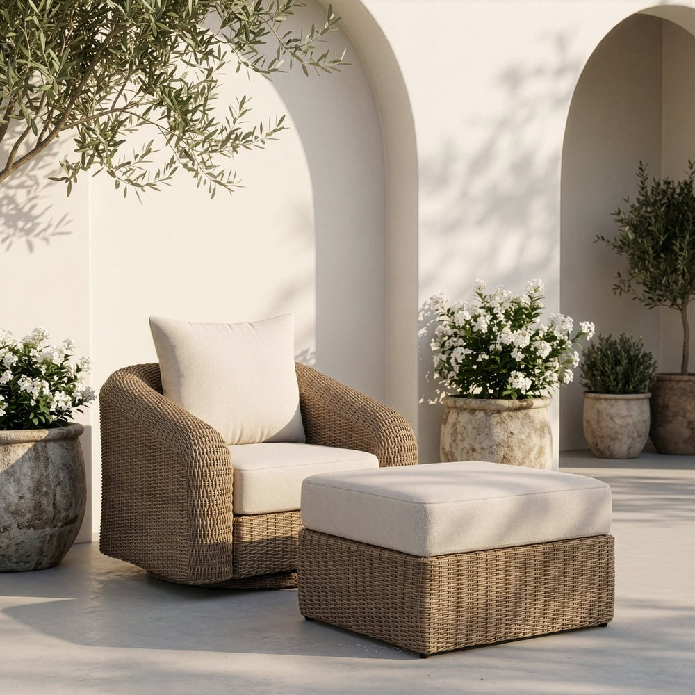 Meridian Furniture Seacrest Outdoor Wicker Ottoman Coffee Table with Olefin Top for Coastal Patio Lounging Cream - A 55001Beige-Ott