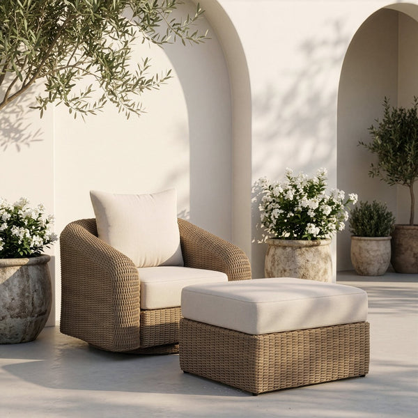 Meridian Furniture Seacrest Outdoor Wicker Ottoman Coffee Table with Olefin Top for Coastal Patio Lounging Cream - A 55001Beige-Ott